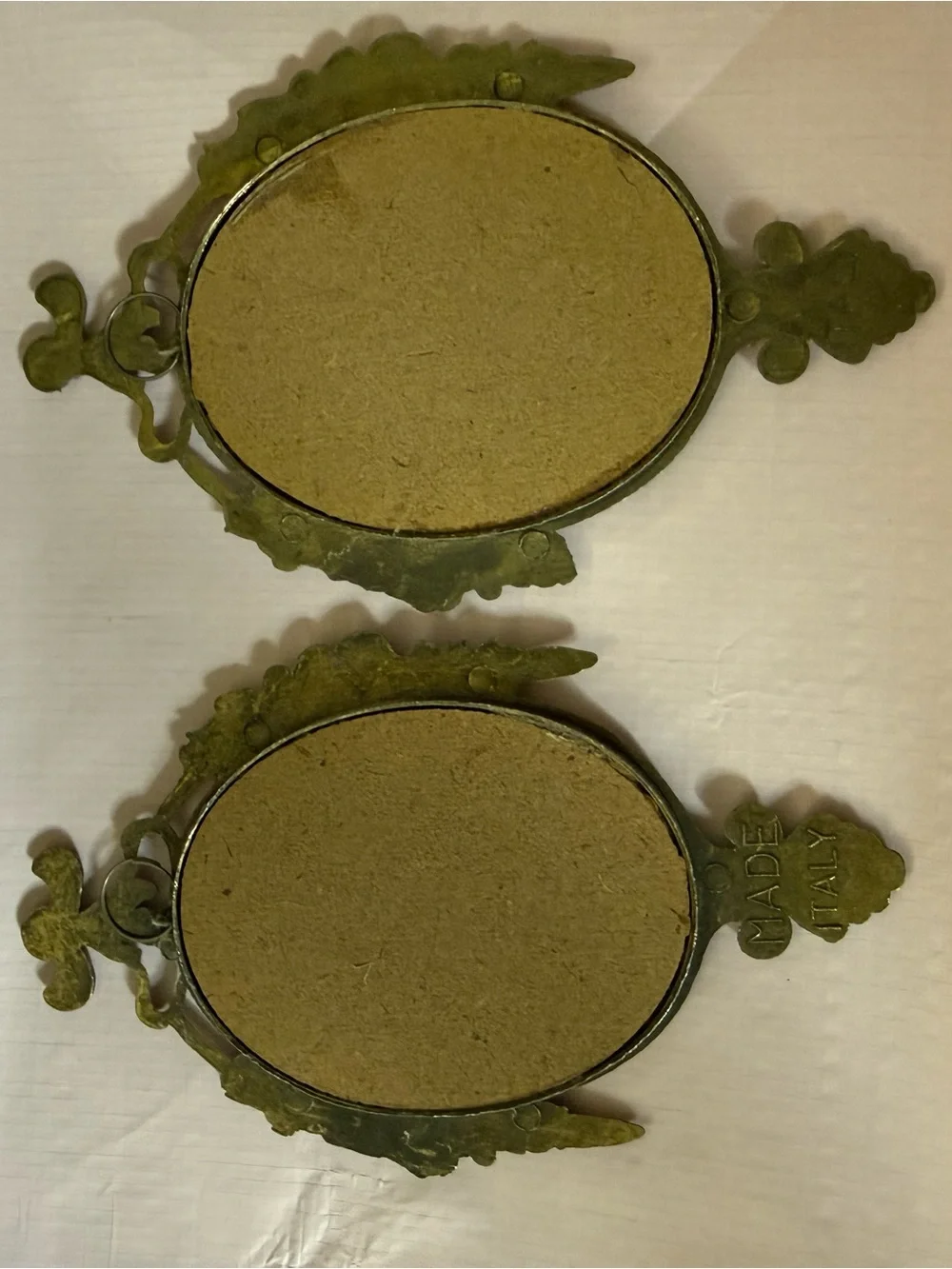 Vintage Victorian Pair of Oval Metal Wall Pictures Two Children One Praying OSP